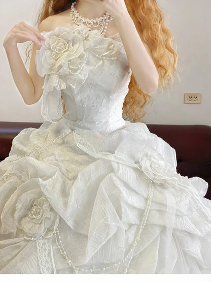 Tulle Sweet 16 Dress Strapless White With 3D Flowers Ball Gown Sweet Sixteen Formal Party Gown RB9340