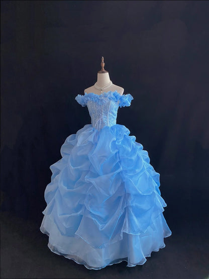 Ethereal Prom Ball Gowns Off The Shoulder Blue Organza Poofy Long With Tiered Layers Quince Dress inspo Quinceanera Dresses Vestidos De 16 anos RB7739