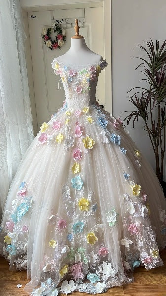 Sweet 15 Quinceanera Dress Ball Gown Off The Shoulder Tulle With 3D Flowers Long 16th Birthday Outfits RC0625