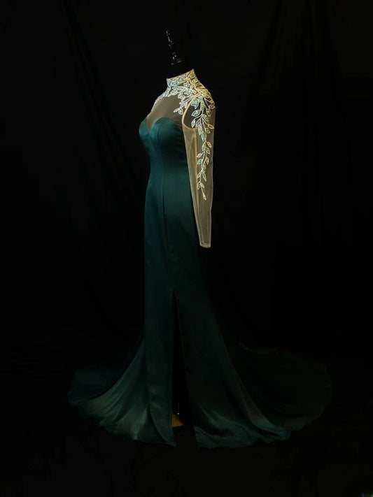 Vintage 90s Prom Dresses Mermaid High Neck Dark Green Tulle With Long Sleeves Party Gown Formal Outfits RB6130