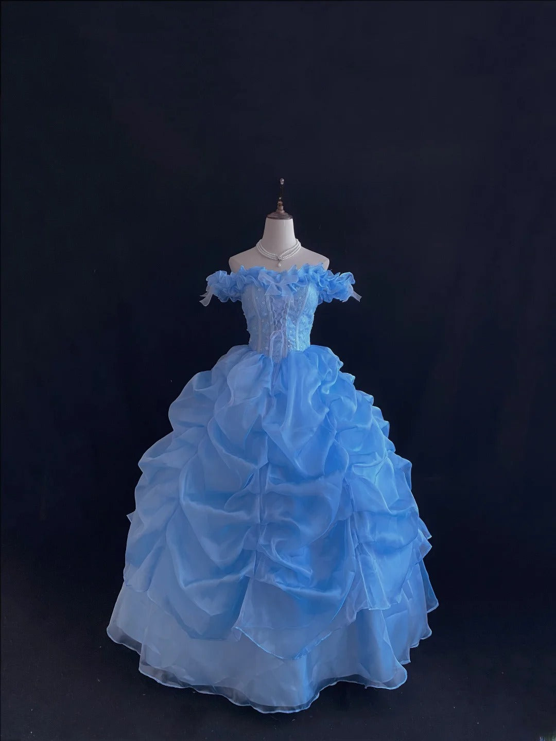Ethereal Prom Ball Gowns Off The Shoulder Blue Organza Poofy Long With Tiered Layers Quince Dress inspo Quinceanera Dresses Vestidos De 16 anos RB7739