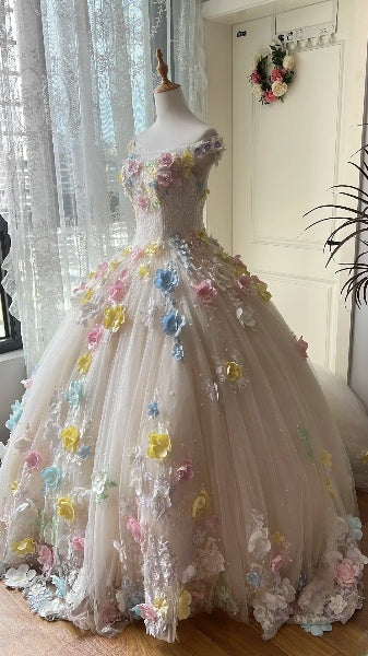 Sweet 15 Quinceanera Dress Ball Gown Off The Shoulder Tulle With 3D Flowers Long 16th Birthday Outfits RC0625