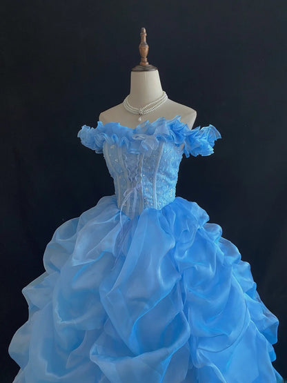 Ethereal Prom Ball Gowns Off The Shoulder Blue Organza Poofy Long With Tiered Layers Quince Dress inspo Quinceanera Dresses Vestidos De 16 anos RB7739