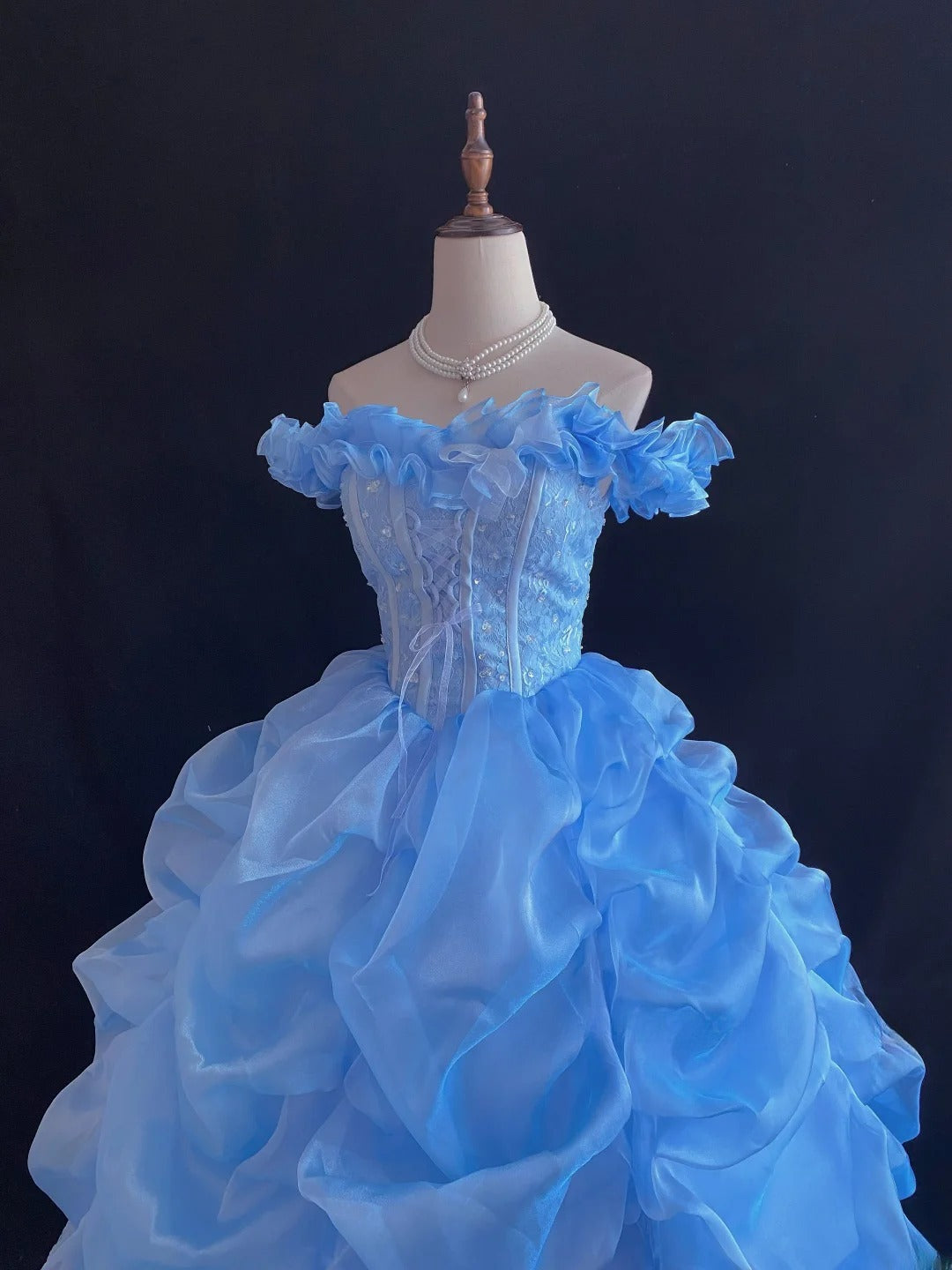 Ethereal Prom Ball Gowns Off The Shoulder Blue Organza Poofy Long With Tiered Layers Quince Dress inspo Quinceanera Dresses Vestidos De 16 anos RB7739