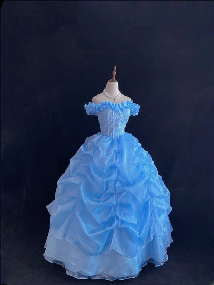 Ethereal Prom Ball Gowns Off The Shoulder Blue Organza Poofy Long With Tiered Layers Quince Dress inspo Quinceanera Dresses Vestidos De 16 anos RB7739