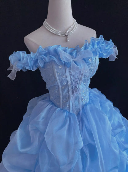 Ethereal Prom Ball Gowns Off The Shoulder Blue Organza Poofy Long With Tiered Layers Quince Dress inspo Quinceanera Dresses Vestidos De 16 anos RB7739