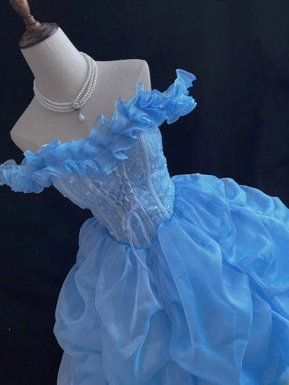 Ethereal Prom Ball Gowns Off The Shoulder Blue Organza Poofy Long With Tiered Layers Quince Dress inspo Quinceanera Dresses Vestidos De 16 anos RB7739