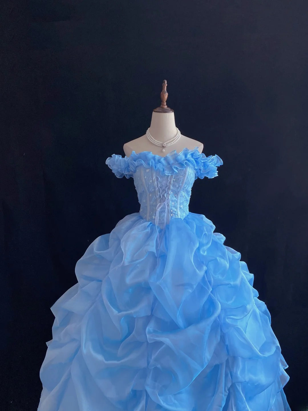 Ethereal Prom Ball Gowns Off The Shoulder Blue Organza Poofy Long With Tiered Layers Quince Dress inspo Quinceanera Dresses Vestidos De 16 anos RB7739