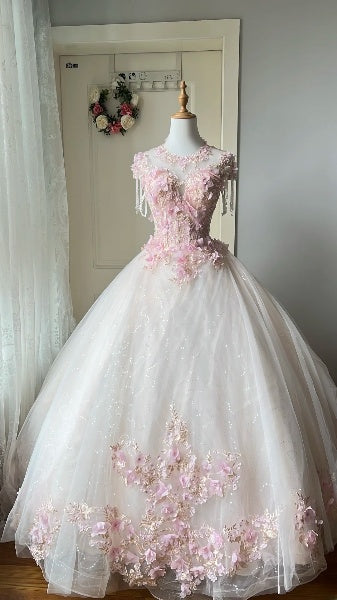 Sweet 15 Quinceanera Dress Ball Gown Scoop Pink Tulle With 3D Flowers Appliques Long 16th Birthday Outfits RC0626