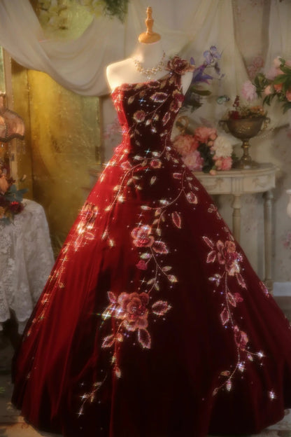 Tulle Sweet 16 Dress One Shoulder Burgundy With Appliques Ball Gown Sweet Sixteen Formal Party Gown RB9341