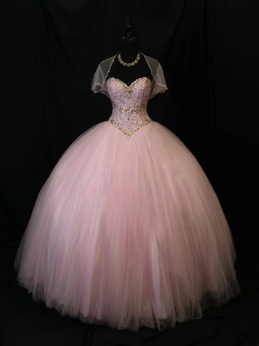 Pretty Ball Gown Sweetheart Pink Tulle With Jacket Corset Fitted Long 15 Quinceanera Dresses Photo Ideas Formal Outfit RB6131