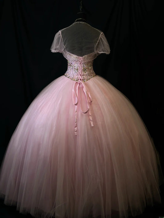 Pretty Ball Gown Sweetheart Pink Tulle With Jacket Corset Fitted Long 15 Quinceanera Dresses Photo Ideas Formal Outfit RB6131