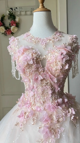 Sweet 15 Quinceanera Dress Ball Gown Scoop Pink Tulle With 3D Flowers Appliques Long 16th Birthday Outfits RC0626