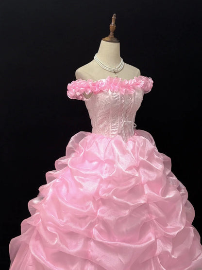Princess Ball Gowns Off The Shoulder Pink Organza Poofy Long With Tiered Layers Quince Dress inspo Quinceanera Dresses Vestidos De 16 anos RB7740