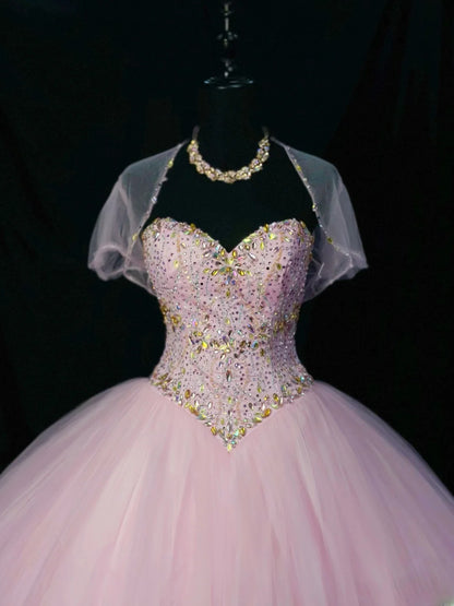 Pretty Ball Gown Sweetheart Pink Tulle With Jacket Corset Fitted Long 15 Quinceanera Dresses Photo Ideas Formal Outfit RB6131