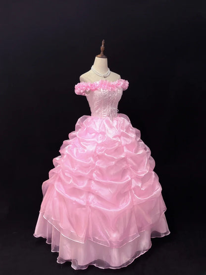 Princess Ball Gowns Off The Shoulder Pink Organza Poofy Long With Tiered Layers Quince Dress inspo Quinceanera Dresses Vestidos De 16 anos RB7740