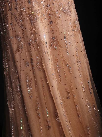 Retro-90er-Jahre-A-Linien-Abendkleid aus champagnerfarbenem Tüll mit Perlenbesatz und One-Shoulder-Ausschnitt – Inspiration für den 18. Geburtstag – Abendkleid AS290