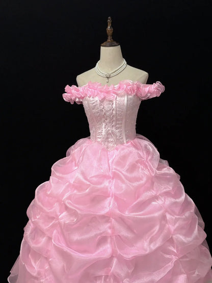 Princess Ball Gowns Off The Shoulder Pink Organza Poofy Long With Tiered Layers Quince Dress inspo Quinceanera Dresses Vestidos De 16 anos RB7740