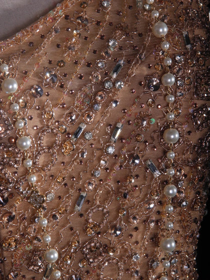 Retro-90er-Jahre-A-Linien-Abendkleid aus champagnerfarbenem Tüll mit Perlenbesatz und One-Shoulder-Ausschnitt – Inspiration für den 18. Geburtstag – Abendkleid AS290
