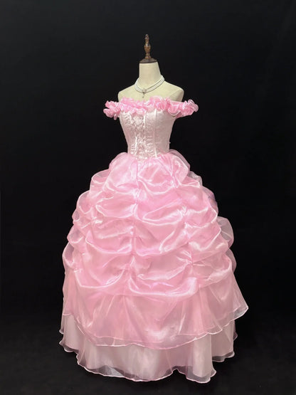 Princess Ball Gowns Off The Shoulder Pink Organza Poofy Long With Tiered Layers Quince Dress inspo Quinceanera Dresses Vestidos De 16 anos RB7740