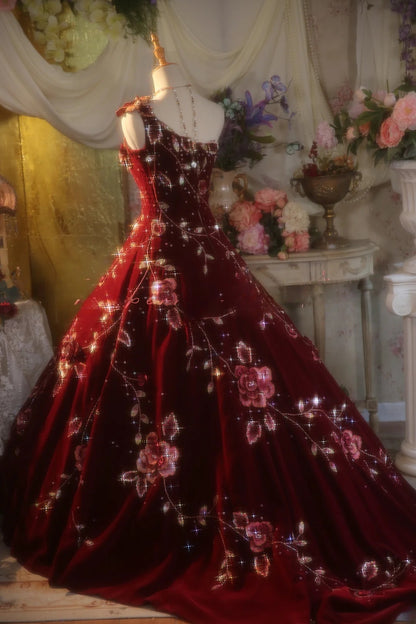 Tulle Sweet 16 Dress One Shoulder Burgundy With Appliques Ball Gown Sweet Sixteen Formal Party Gown RB9341