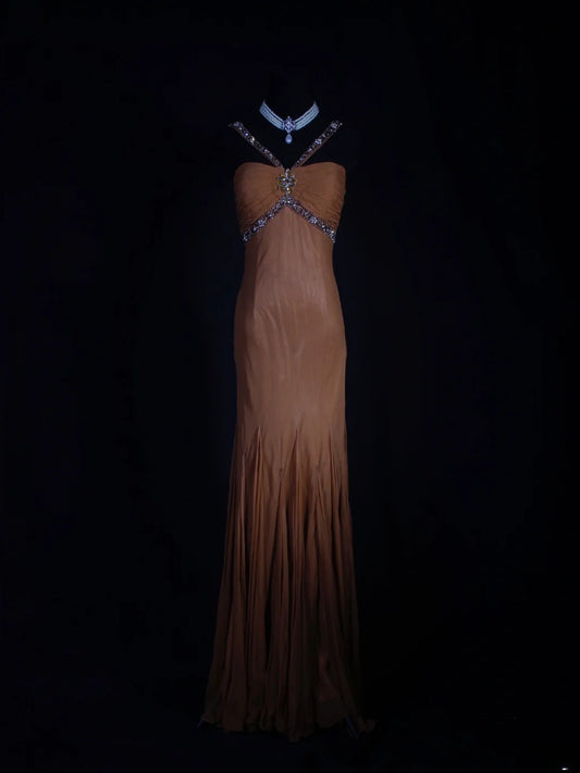 Vintage Meerjungfrauen-Abendkleid im 80er-Jahre-Stil, Neckholder, gebranntes Orange mit Perlen, langes Kleid, beeindruckendes Outfit zum 20. Geburtstag, formelles Abendkleid AS291