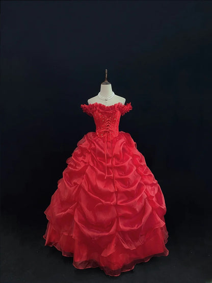 Princess Ball Gowns Off The Shoulder Red Organza Poofy Long With Tiered Layers Quince Dress inspo Quinceanera Dresses Vestidos De 16 anos RB7741