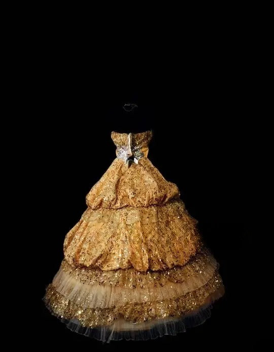 Gothic Sweet 16 Ball Gown,Gold Velvet Tiered Layers Long Sweet Sixteen Formal Dress RC0005
