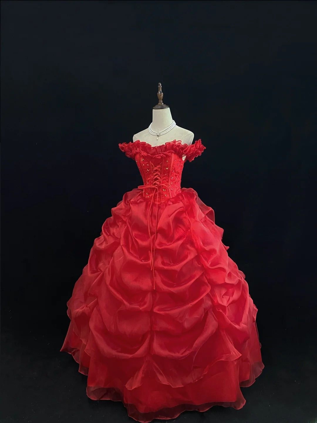 Princess Ball Gowns Off The Shoulder Red Organza Poofy Long With Tiered Layers Quince Dress inspo Quinceanera Dresses Vestidos De 16 anos RB7741