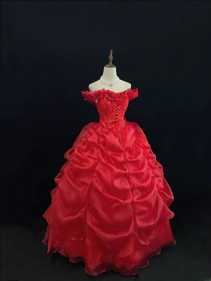 Princess Ball Gowns Off The Shoulder Red Organza Poofy Long With Tiered Layers Quince Dress inspo Quinceanera Dresses Vestidos De 16 anos RB7741