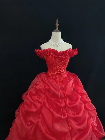 Princess Ball Gowns Off The Shoulder Red Organza Poofy Long With Tiered Layers Quince Dress inspo Quinceanera Dresses Vestidos De 16 anos RB7741