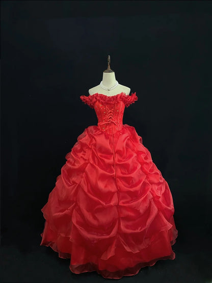 Princess Ball Gowns Off The Shoulder Red Organza Poofy Long With Tiered Layers Quince Dress inspo Quinceanera Dresses Vestidos De 16 anos RB7741