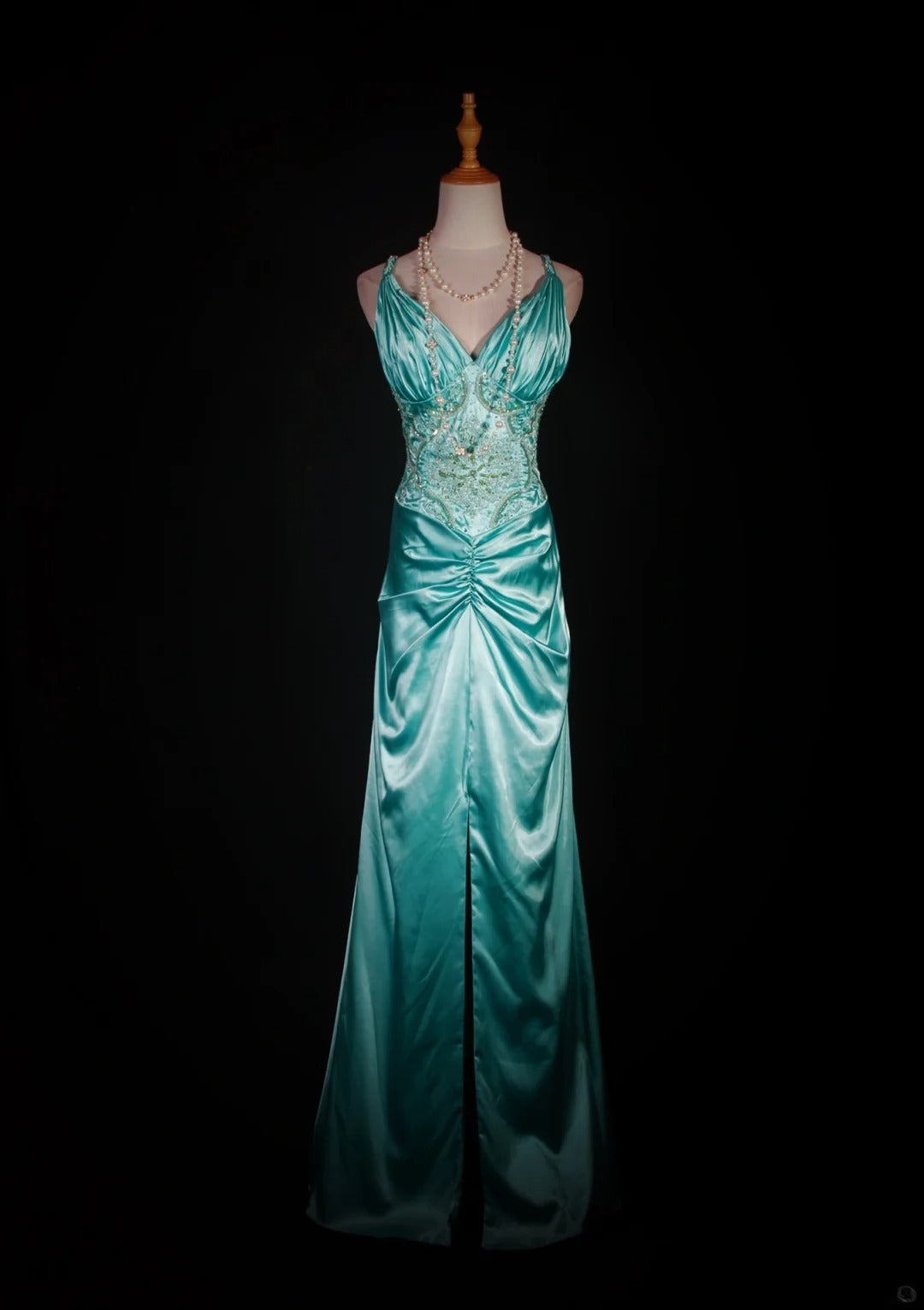 Vintage Meerjungfrauen-Kleid mit Spaghettiträgern, tiffanyblauem Satin, Schlitz, Perlenbesatz am Oberteil, langes Ballkleid, beeindruckendes Outfit zum 18. Geburtstag, formelles Abendkleid AS292