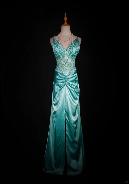 Vintage Meerjungfrauen-Kleid mit Spaghettiträgern, tiffanyblauem Satin, Schlitz, Perlenbesatz am Oberteil, langes Ballkleid, beeindruckendes Outfit zum 18. Geburtstag, formelles Abendkleid AS292