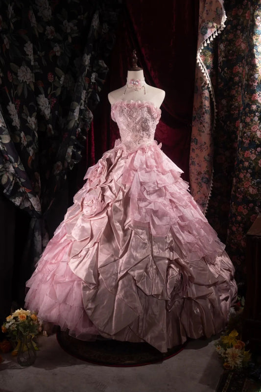 Cute Ball Gown Formal Events Strapless Pink Tulle With Appliqued Quince Dress Quinceanera Dresses Birthday Outfits RB8533