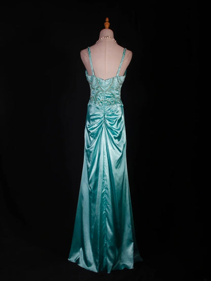 Vintage Meerjungfrauen-Kleid mit Spaghettiträgern, tiffanyblauem Satin, Schlitz, Perlenbesatz am Oberteil, langes Ballkleid, beeindruckendes Outfit zum 18. Geburtstag, formelles Abendkleid AS292