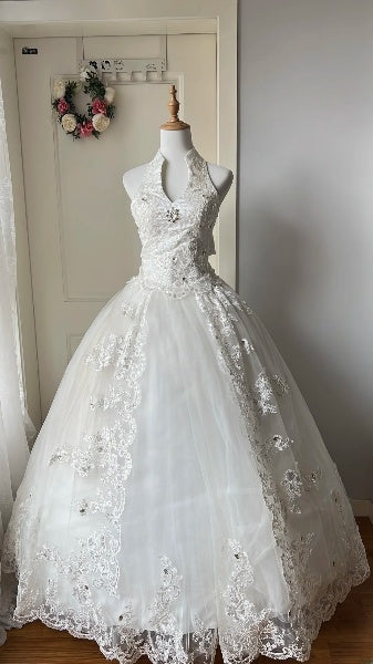 Timeless Wedding Dress Ball Gown Halter White Tulle With Appliques Lace Long Bridal Gown RC0629