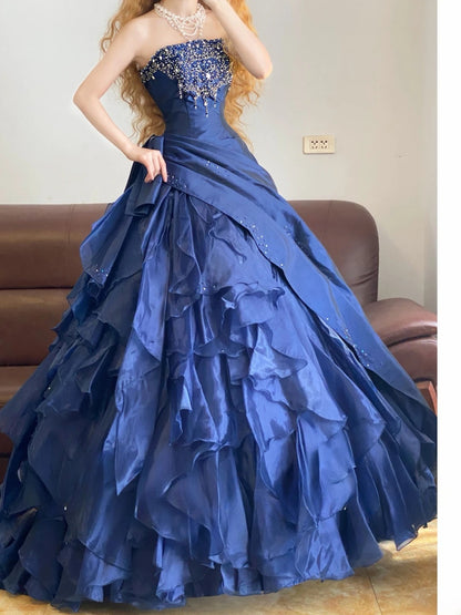Strapless Satin Sweet 16 Dress Navy Blue Ruched Modest Sweet Sixteen Formal Party Gown RB9344