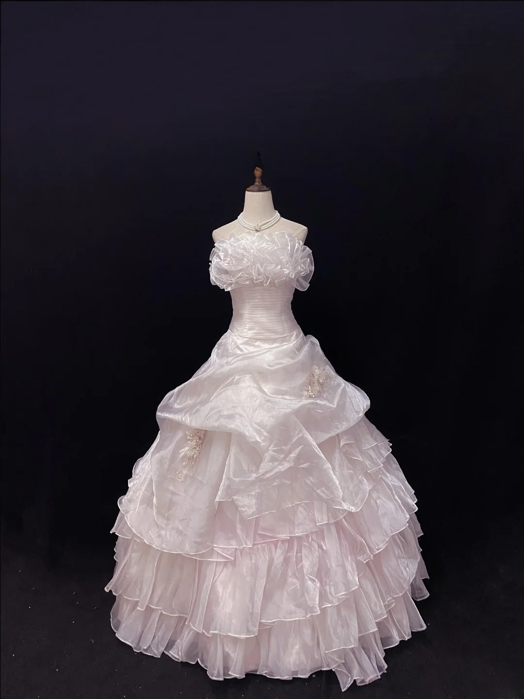 Cute Ball Gowns Strapless Light Pink Organza Poofy Long With Tiered Layers Quince Dress inspo Quinceanera Dresses Vestidos De 16 anos RB7743