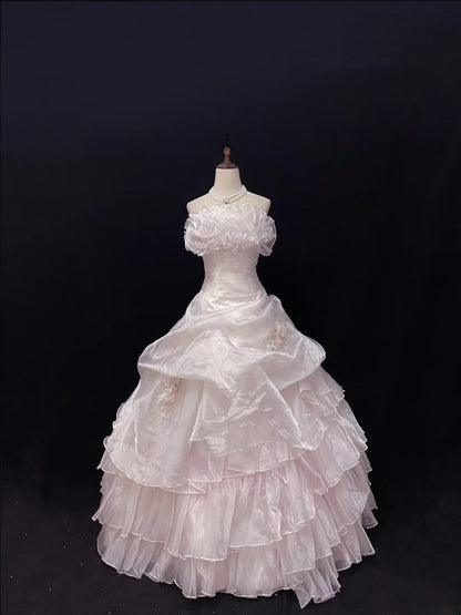 Cute Ball Gowns Strapless Light Pink Organza Poofy Long With Tiered Layers Quince Dress inspo Quinceanera Dresses Vestidos De 16 anos RB7743