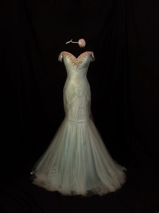 Modest Prom Dresses Mermaid Off The Shoulder Sage Green Tulle With Ruffled Long Night Evening Formal Outfits RB6134