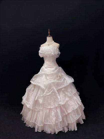 Cute Ball Gowns Strapless Light Pink Organza Poofy Long With Tiered Layers Quince Dress inspo Quinceanera Dresses Vestidos De 16 anos RB7743