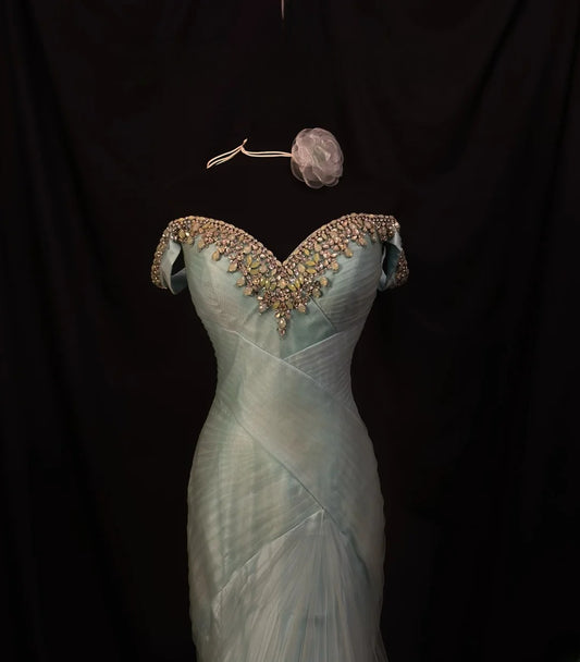 Modest Prom Dresses Mermaid Off The Shoulder Sage Green Tulle With Ruffled Long Night Evening Formal Outfits RB6134