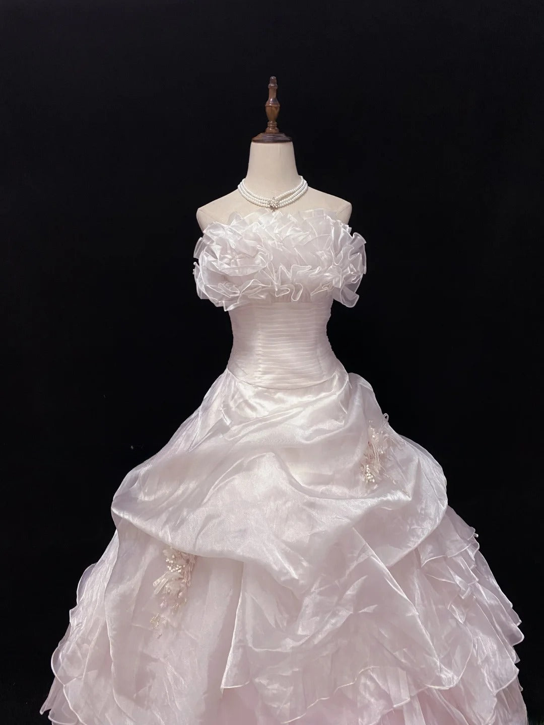 Cute Ball Gowns Strapless Light Pink Organza Poofy Long With Tiered Layers Quince Dress inspo Quinceanera Dresses Vestidos De 16 anos RB7743