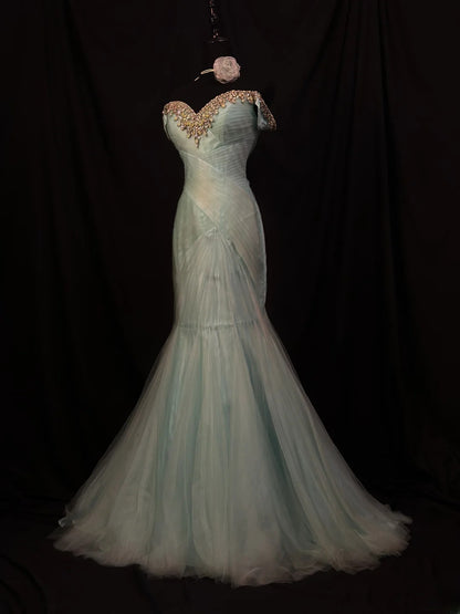 Modest Prom Dresses Mermaid Off The Shoulder Sage Green Tulle With Ruffled Long Night Evening Formal Outfits RB6134