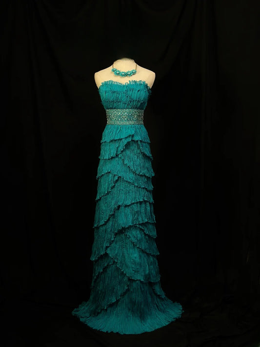 Vintage 1950s Prom Dresses A Line Strapless Blue Satin With Ruffle Tiered Crystals Party Gown Formal Outfits RB6135