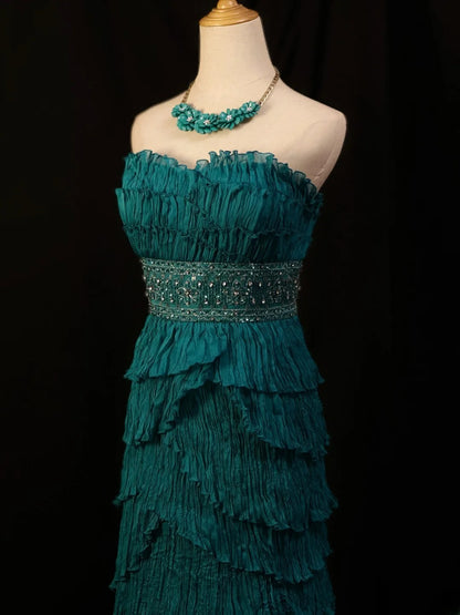 Vintage 1950s Prom Dresses A Line Strapless Blue Satin With Ruffle Tiered Crystals Party Gown Formal Outfits RB6135