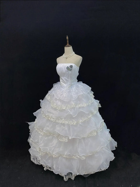 Cute Ball Gowns Strapless White Organza Poofy Long With Tiered Layers Lace Quince Dress inspo Quinceanera Dresses Vestidos De 16 anos RB7744