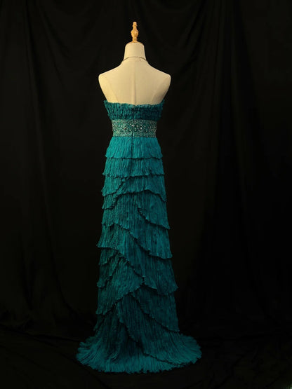 Vintage 1950s Prom Dresses A Line Strapless Blue Satin With Ruffle Tiered Crystals Party Gown Formal Outfits RB6135