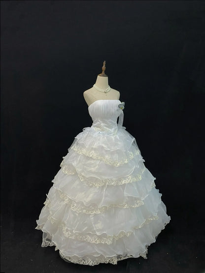 Cute Ball Gowns Strapless White Organza Poofy Long With Tiered Layers Lace Quince Dress inspo Quinceanera Dresses Vestidos De 16 anos RB7744